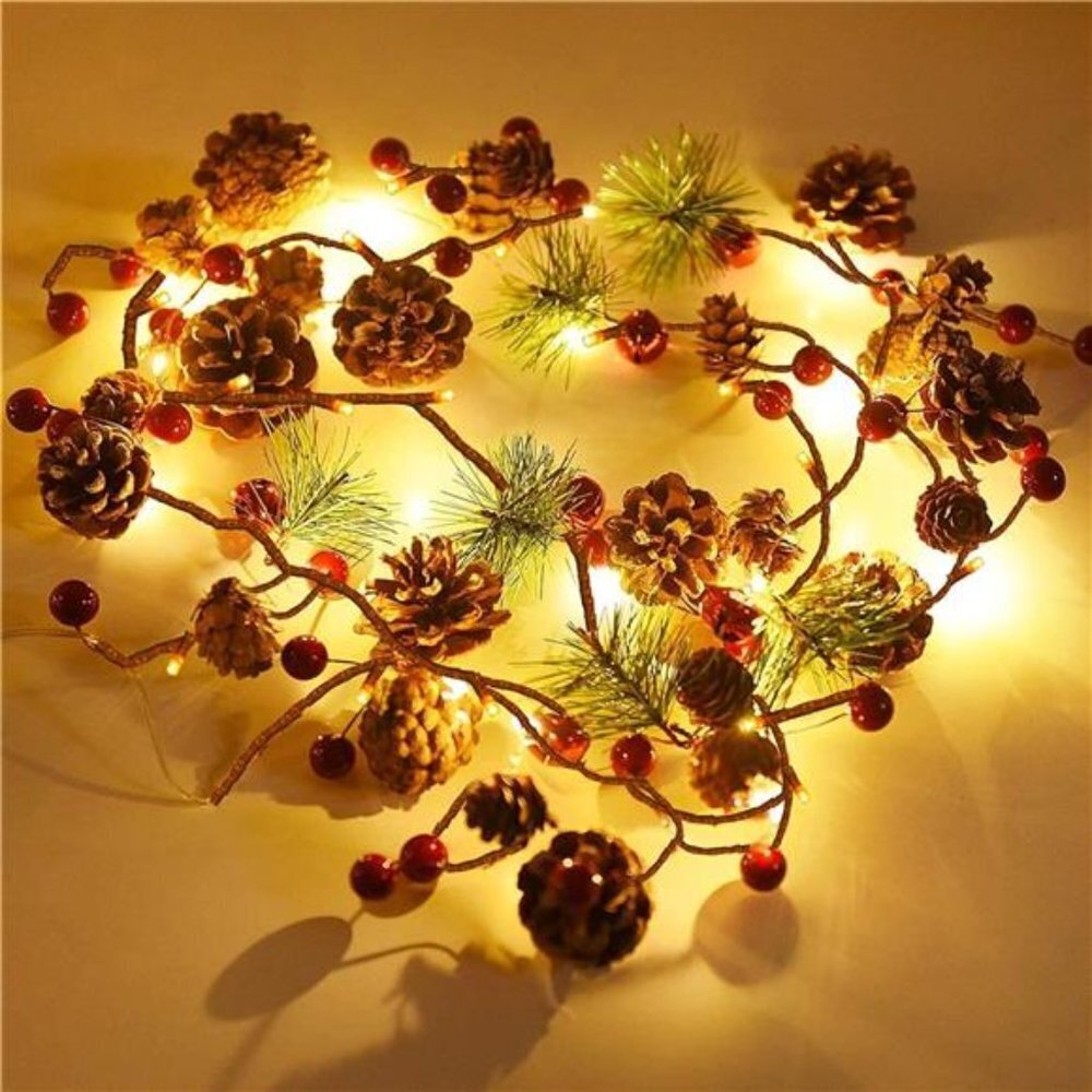 Christmas PineCones String Lights, 6.56Ft 20 LED Pine Needles Red Berries